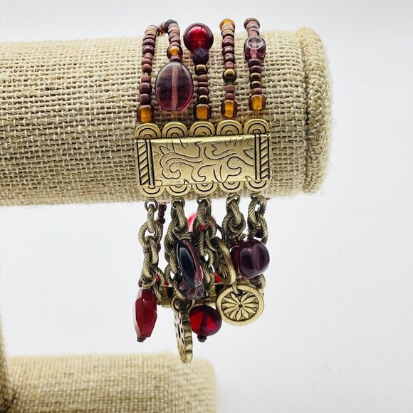 Vintage Multi-Strand Red Beaded Stretch Bracelet with Antiqued Gold Tone Accents - Picture 1 of 6